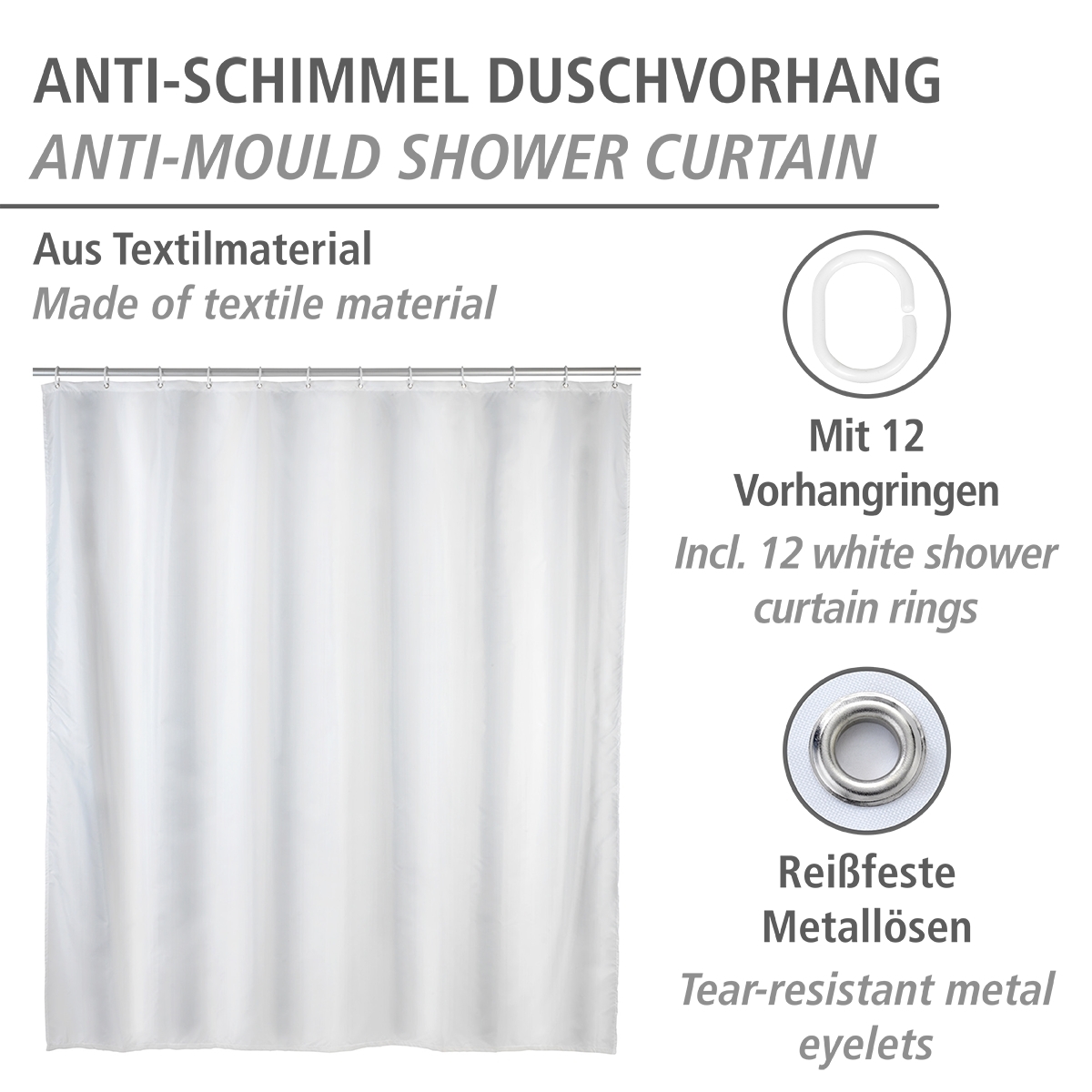 Wenko anti-schimmel douchegordijn 120x200cm polyester uni wit inclusief ringen