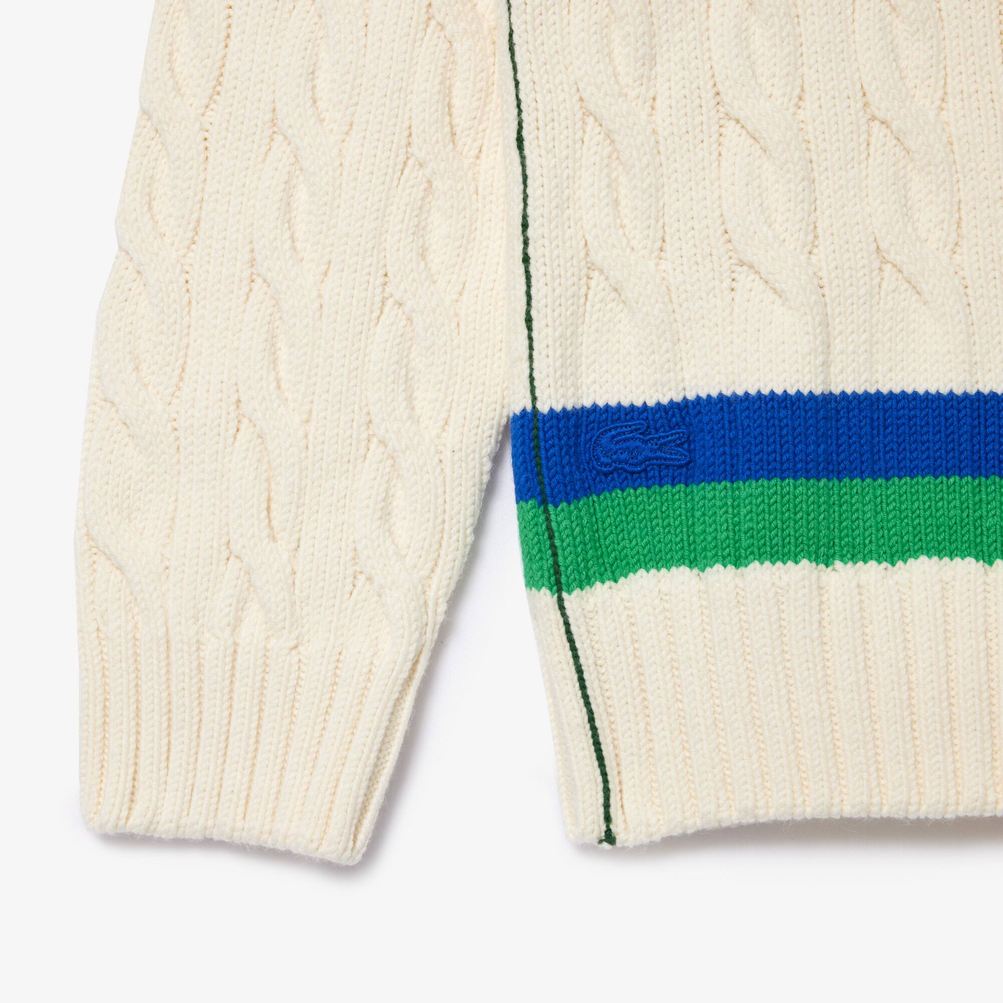 Pullover im Zopfmuster mit V-Ausschnitt und Streifendetail Pullover - Weiss - Lacoste - Unisex