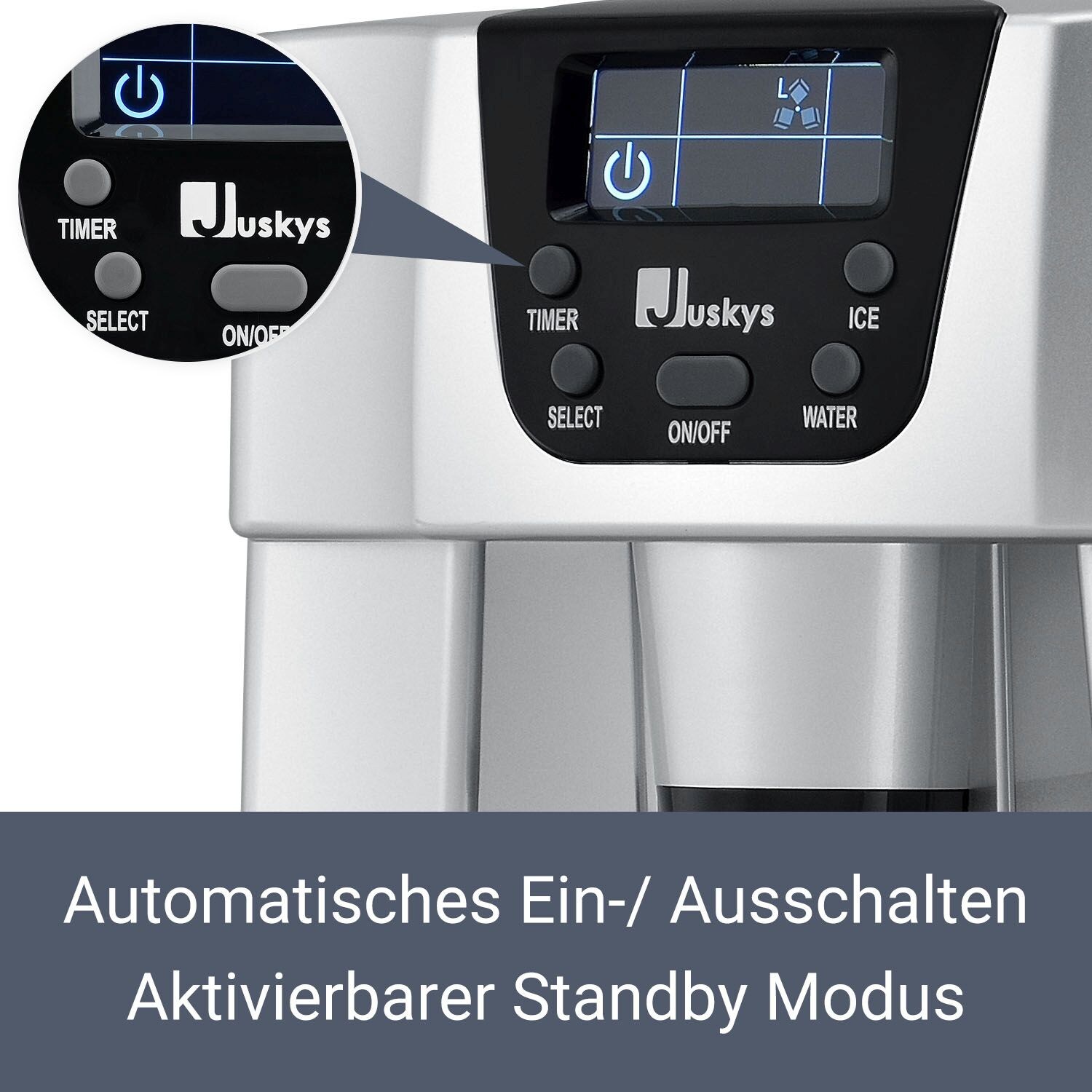 Juskys Eiswürfelmaschine PIM200L – 2 Eiswürfelgrößen, Timer – Elektrischer Eiswürfelbereiter Silber