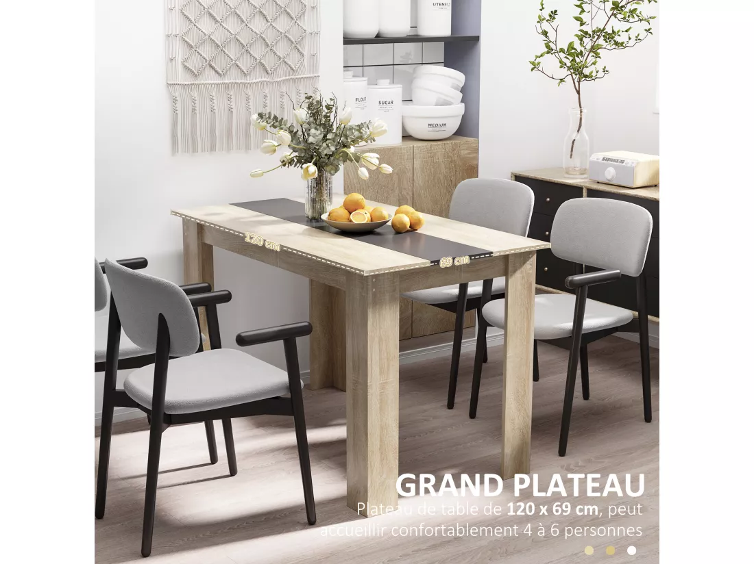 Table à manger grand plateau 4-6 personnes - dim. 120L x 69l x 75H cm - panneaux noir aspect chêne clair