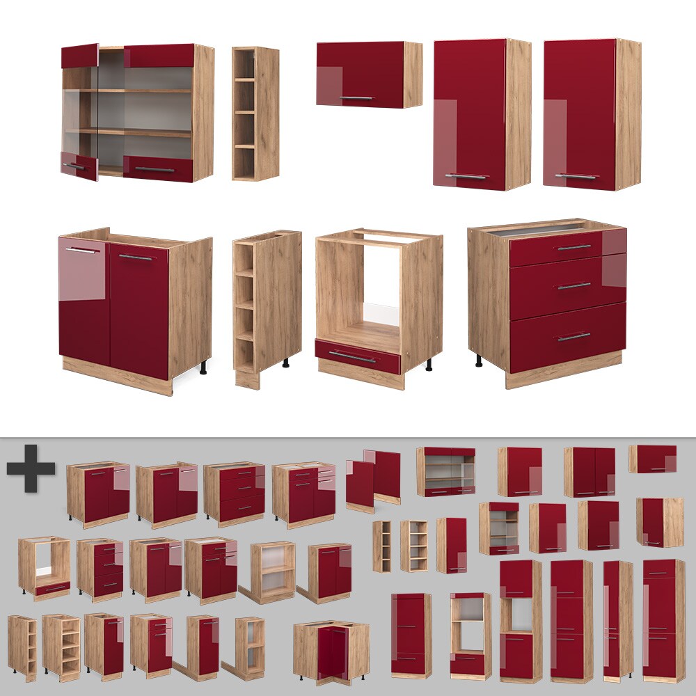 Vicco Küchenzeile Küchenblock Einbauküche Fame-Line Eiche Bordeaux Rot 235 cm modern Hochglanz Küchen Schränke Hängeglasschrank Hängeschrank Schubladenunterschrank Spülenunterschrank Herdumbauschrank