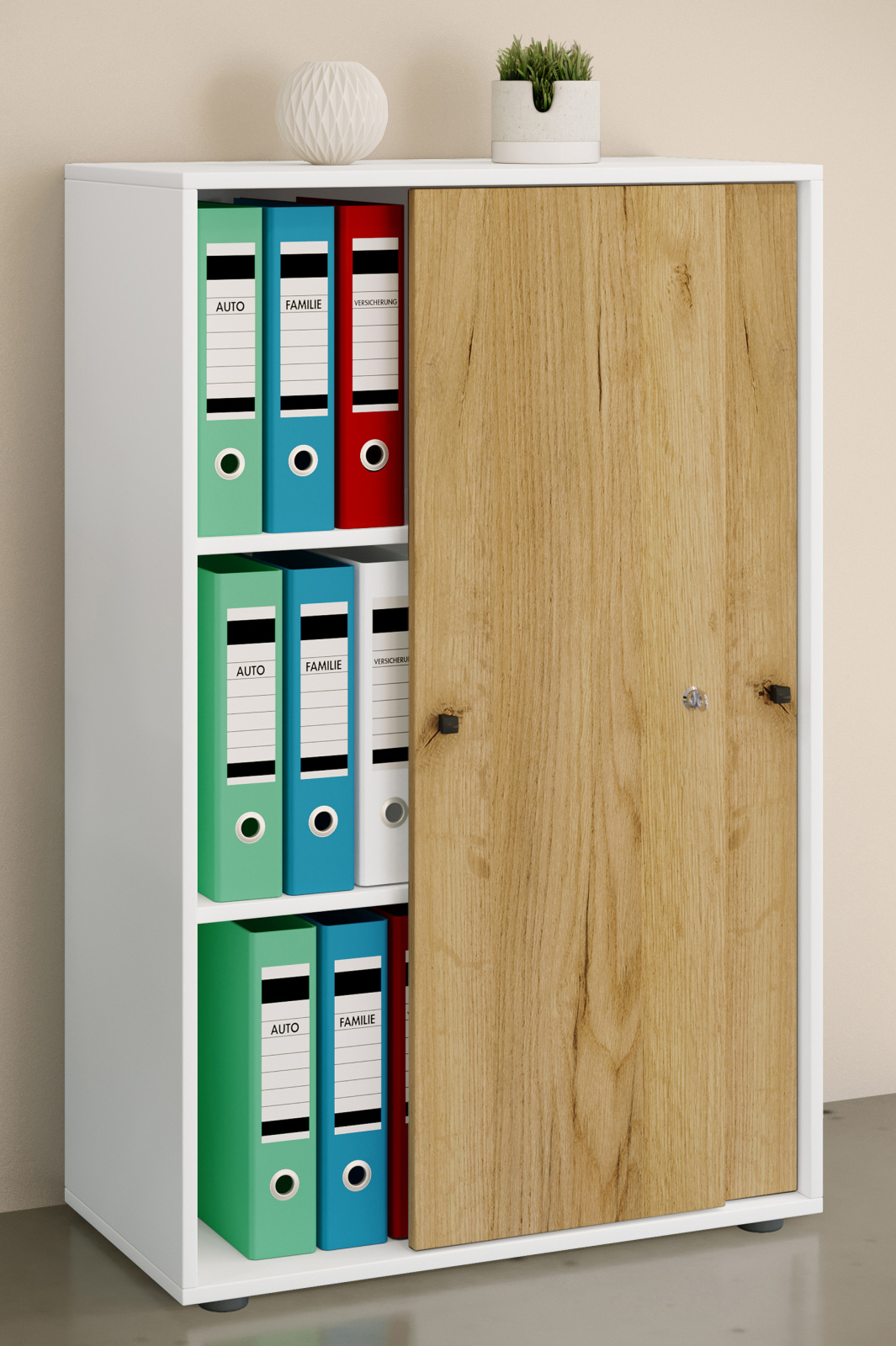 Büroschrank LONA XL - Honig Eiche - weiß - mit Schiebetüren - 110 cm hoch