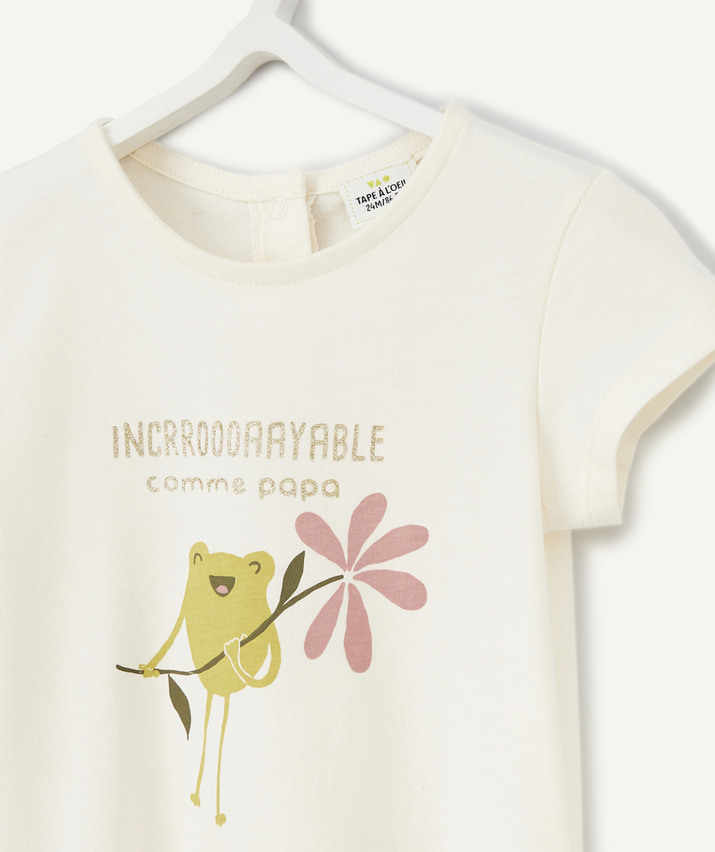 T-SHIRT BÉBÉ FILLE EN COTON BIO ÉCRU MOTIF GRENOUILLE