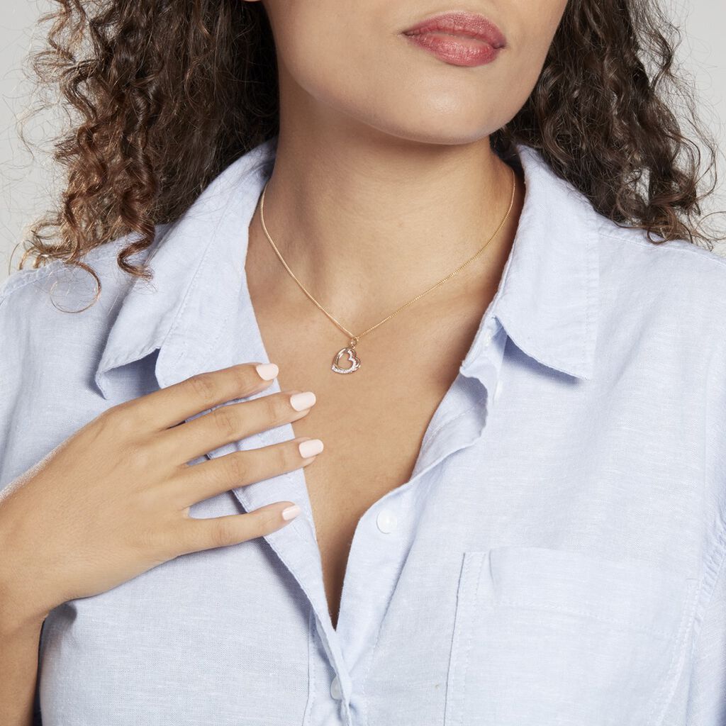 Pendentif Coeur Penche Double Or Bicolore Oxyde De Zirconium