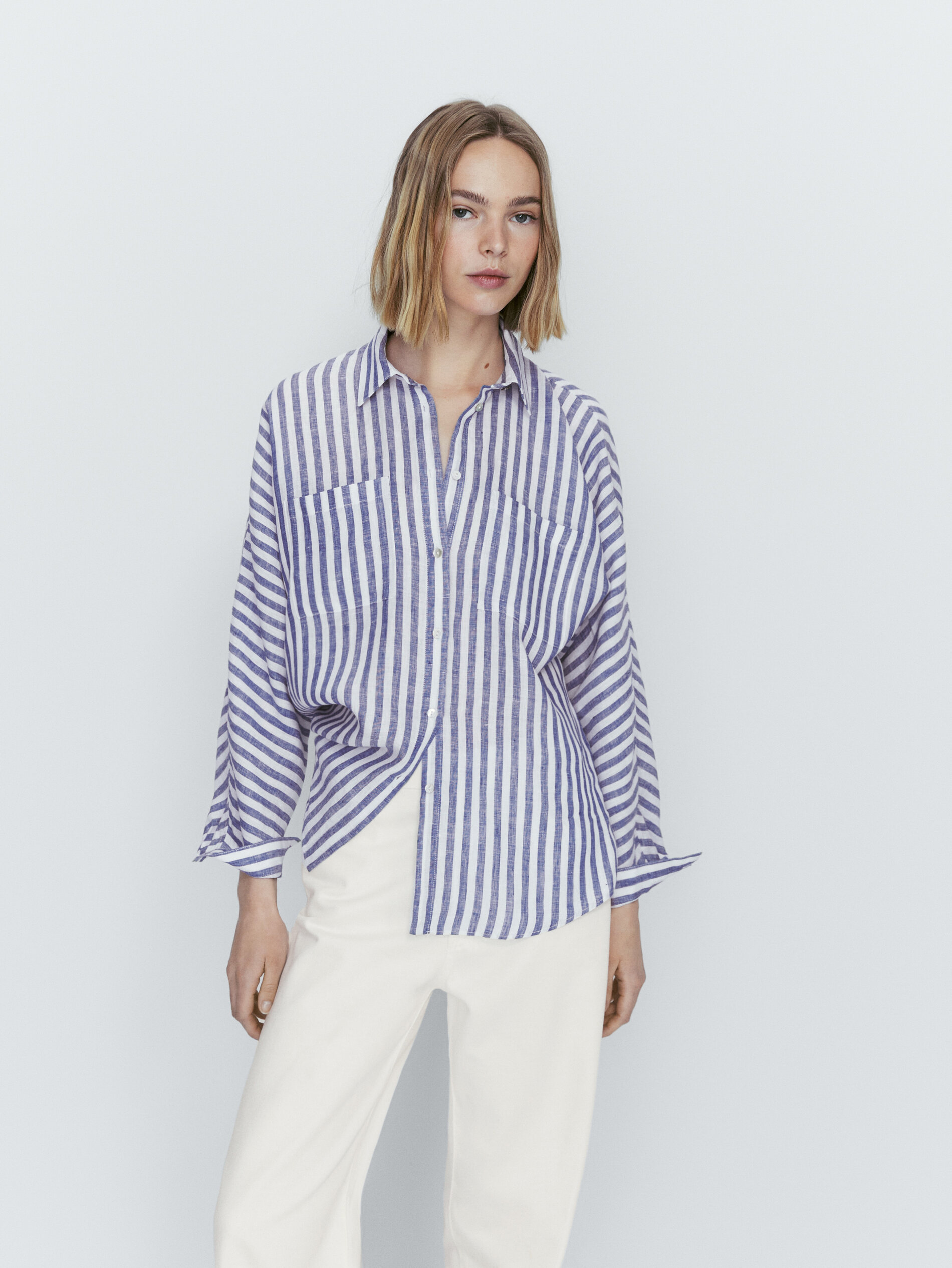 Camisa rayas bolsillos 100% linho - AZUL