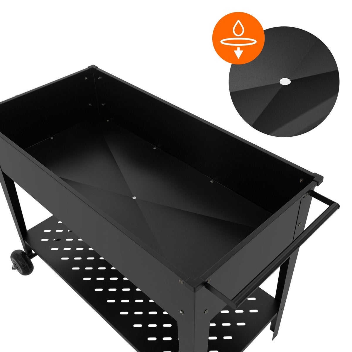 ML-Design Metalen verhoogde tuinbak, mobiel, 98x50x79,5 cm, zwart, mobiele plantenbak met plank, wielen en handvat, plantenbak voor tuin en balkon, tuinbak, groentebak, kruidenbak, bloembak, plantenbak