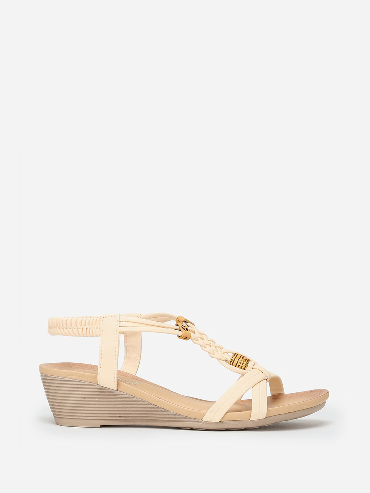 Sandales compensées à perles effet bois- Beige