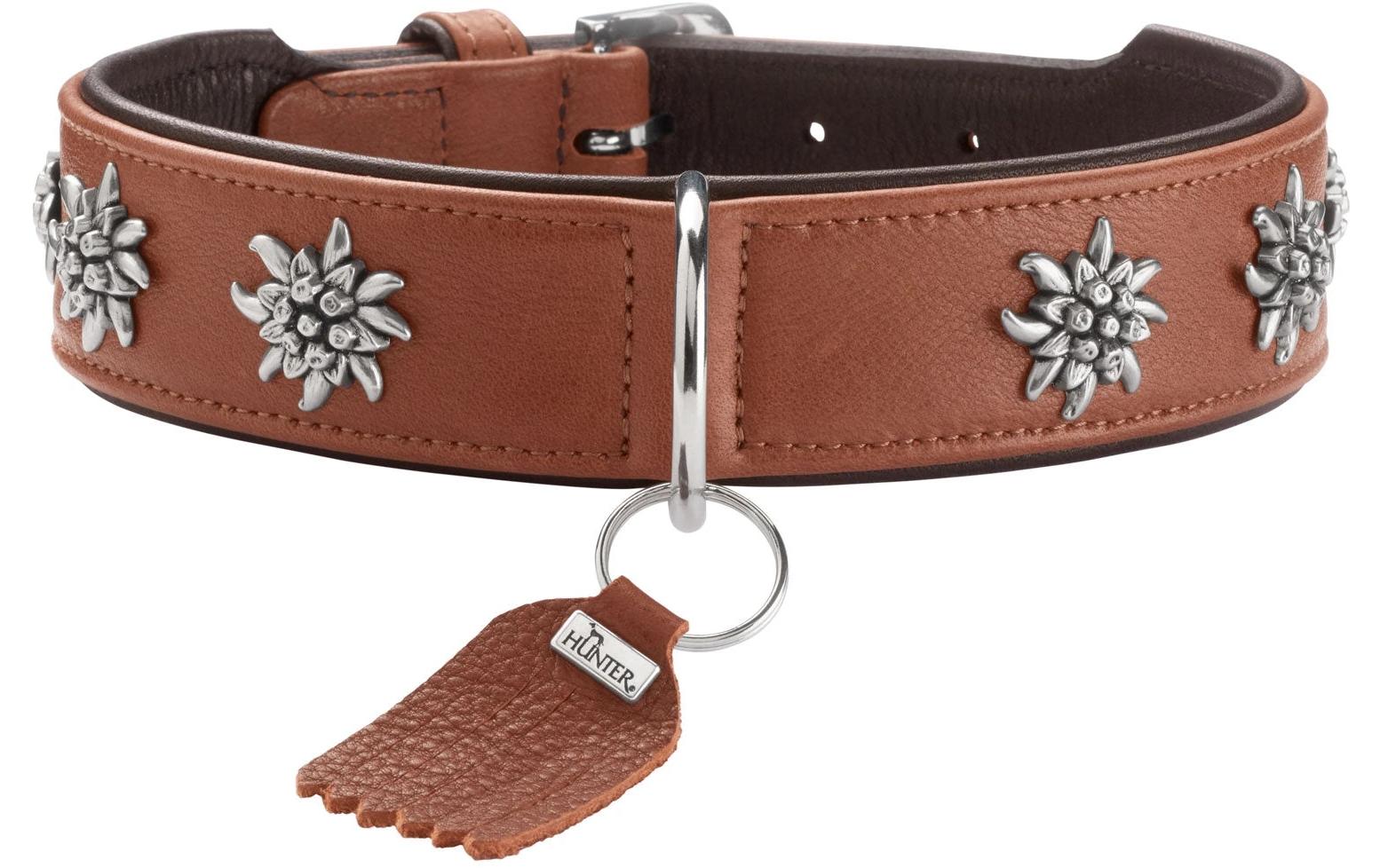Halsband München 50/S-M, Rindsleder, Cognac/SchwarzKlassisches Halsband aus Rindsleder auffälligen Besätzen im Trachten-Look