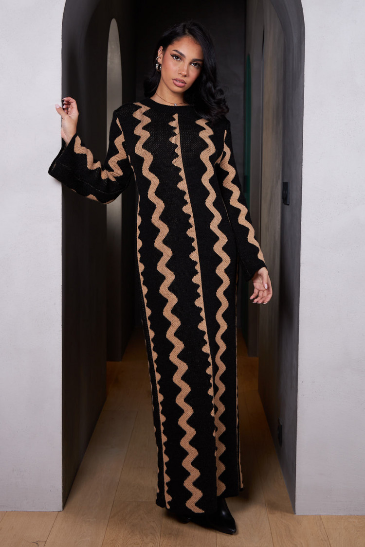 Robe longue à motif bicolore camel et noir