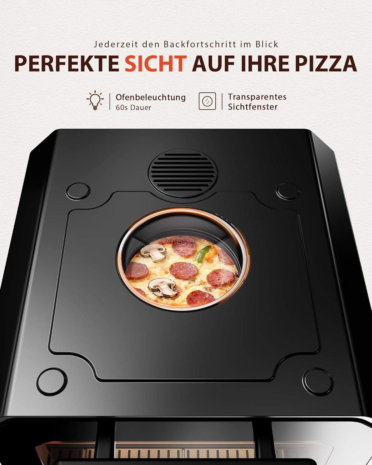 Pizzaofen Elektrisch, bis 450°C für 90-Sekunden-Neapolitanische Pizza, 13 Programme (6 Pizza- & 6 Kochmodi + Profi-Funktion), Doppelte Heizelemente, Pizzaschaufel & Pizzastein & Backblech