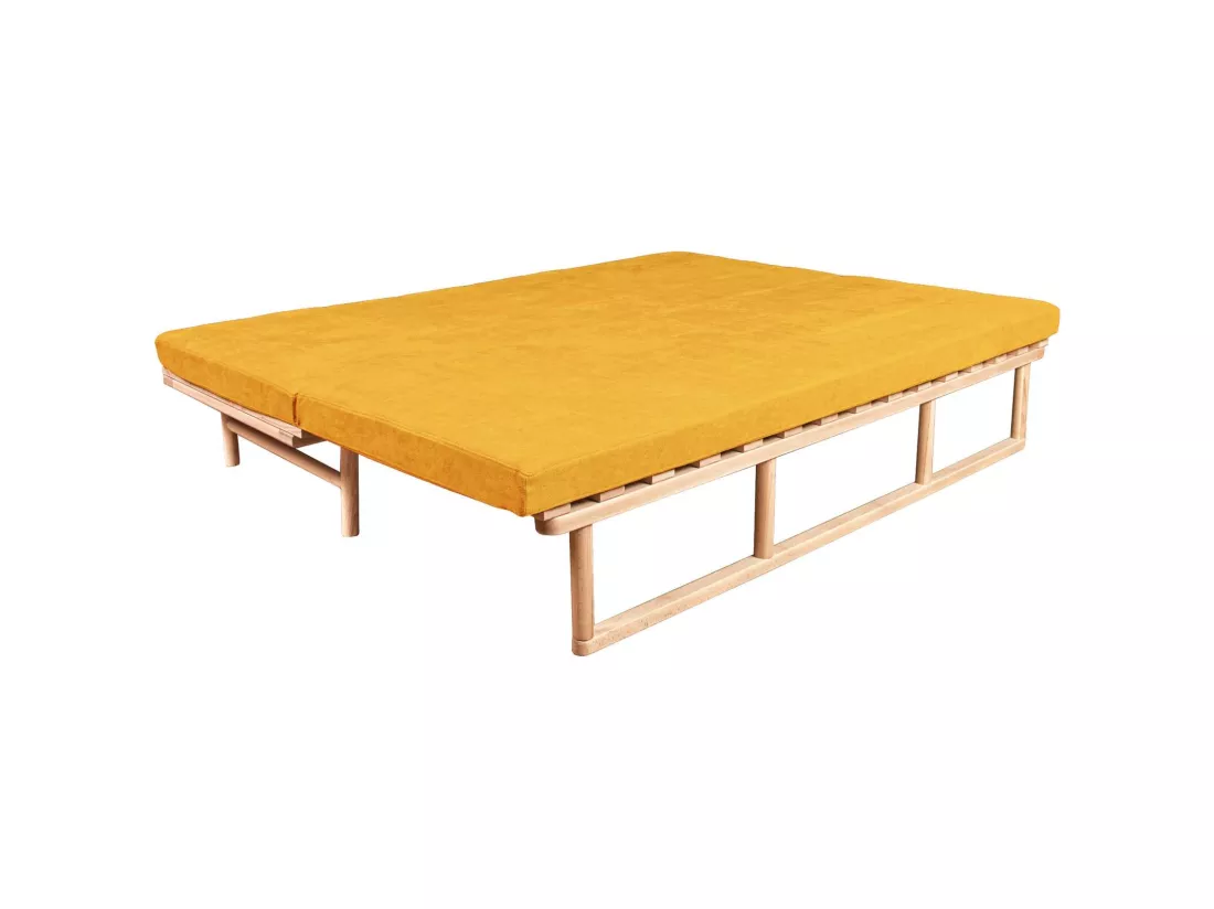 Canapé Lit Convertible Design en Tissu Beige et Bois Jaune