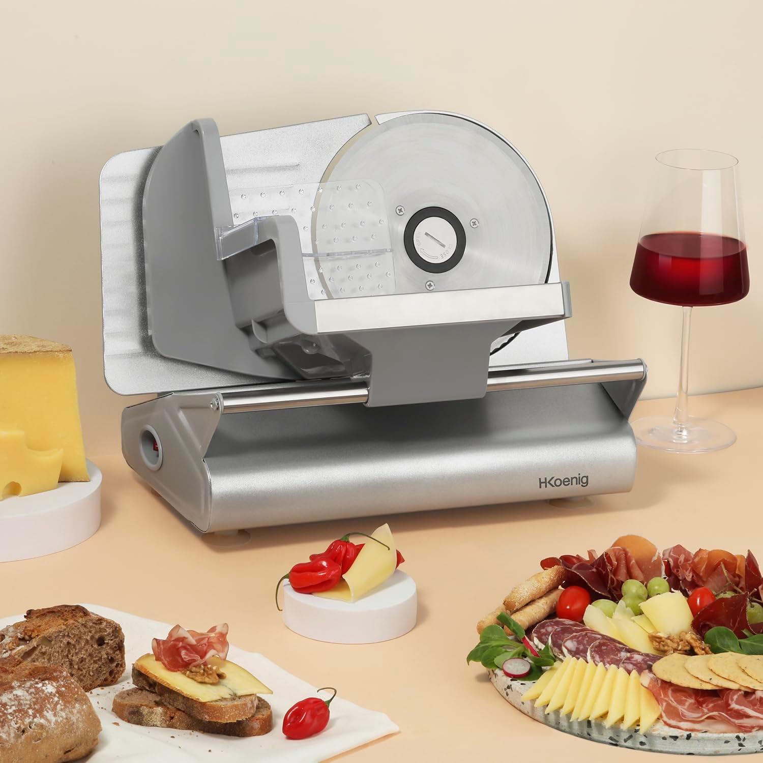 H.Koenig Trancheuse électrique à viande MSX254, charcuterie, professionnelle, précise,coupe 0-12 mm,lame 25 cm,aiguiseur intégré,large plateau,282 rpm, Rouge