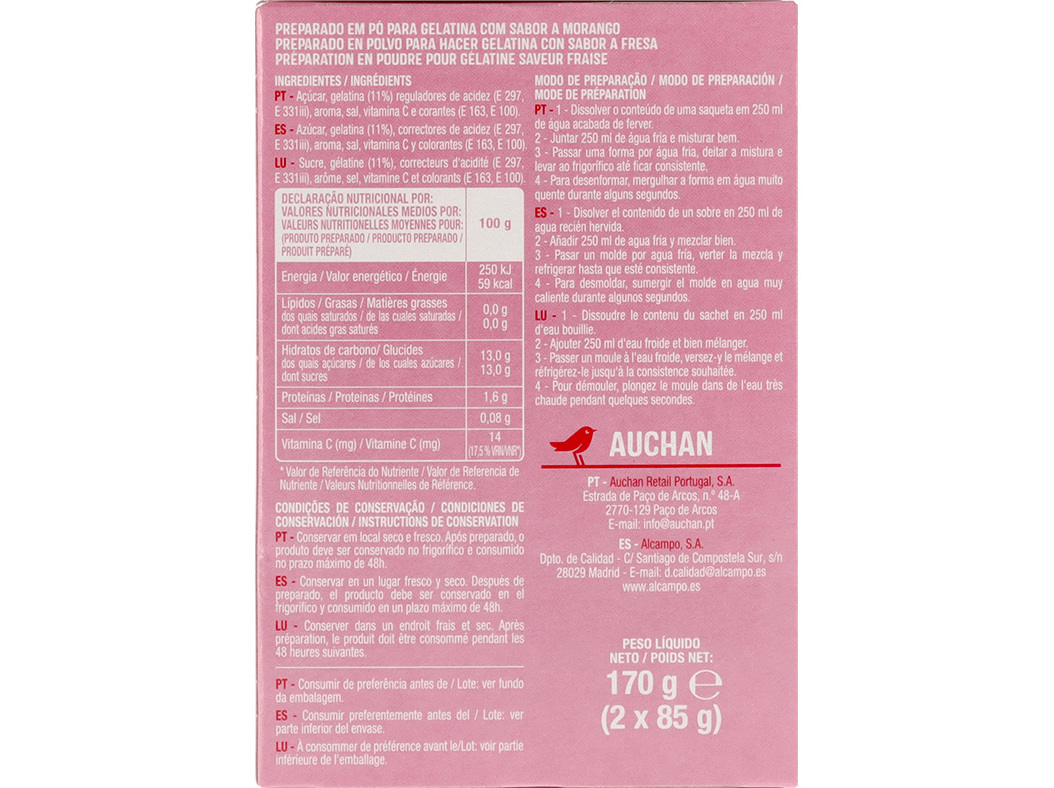 GELATINA AUCHAN MORANGO 170G