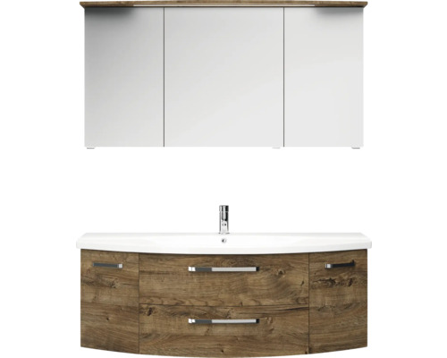 3-delige badkamermeubelset Pelipal xpressline 4010 BxHxD 144 x 200 x 49,5 cm, frontkleur eiken ribbeck, met keramische wastafel in wit en keramische wastafel, wastafelmeubel, spiegelkast met LED-verlichting, greep chroom hoogglans 4010.1400269 401014