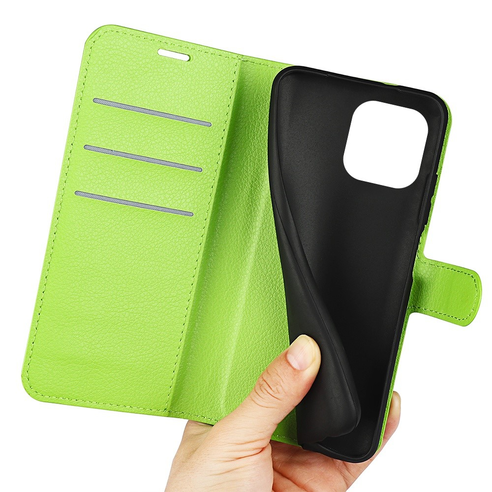 iPhone 14 Pro Max Leder Tasche Flip Cover Litchi Look - Grün