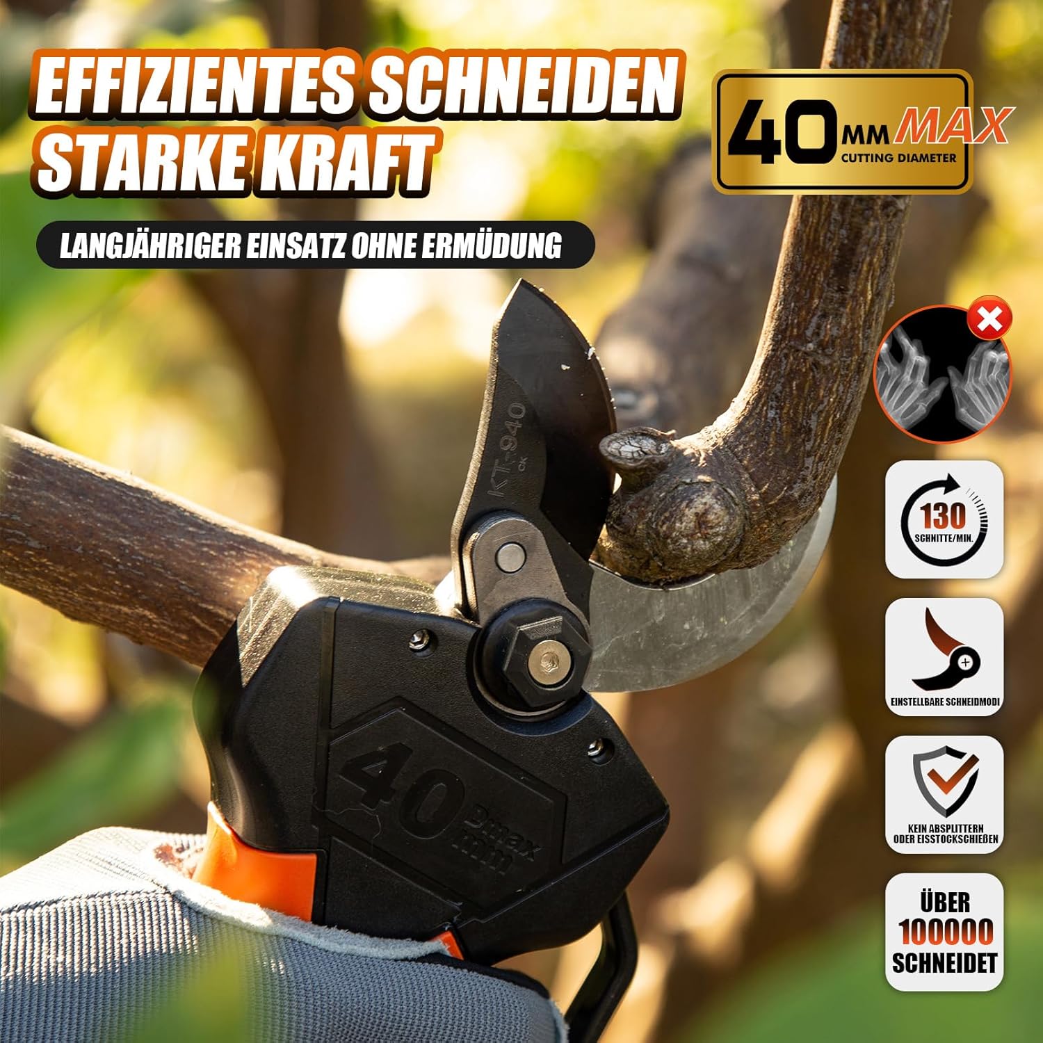 Elektrische Gartenschere 40MM, Kebtek Professionelle Akku Gartenschere18V 2Pack 2AH Lithium Batteries KT940