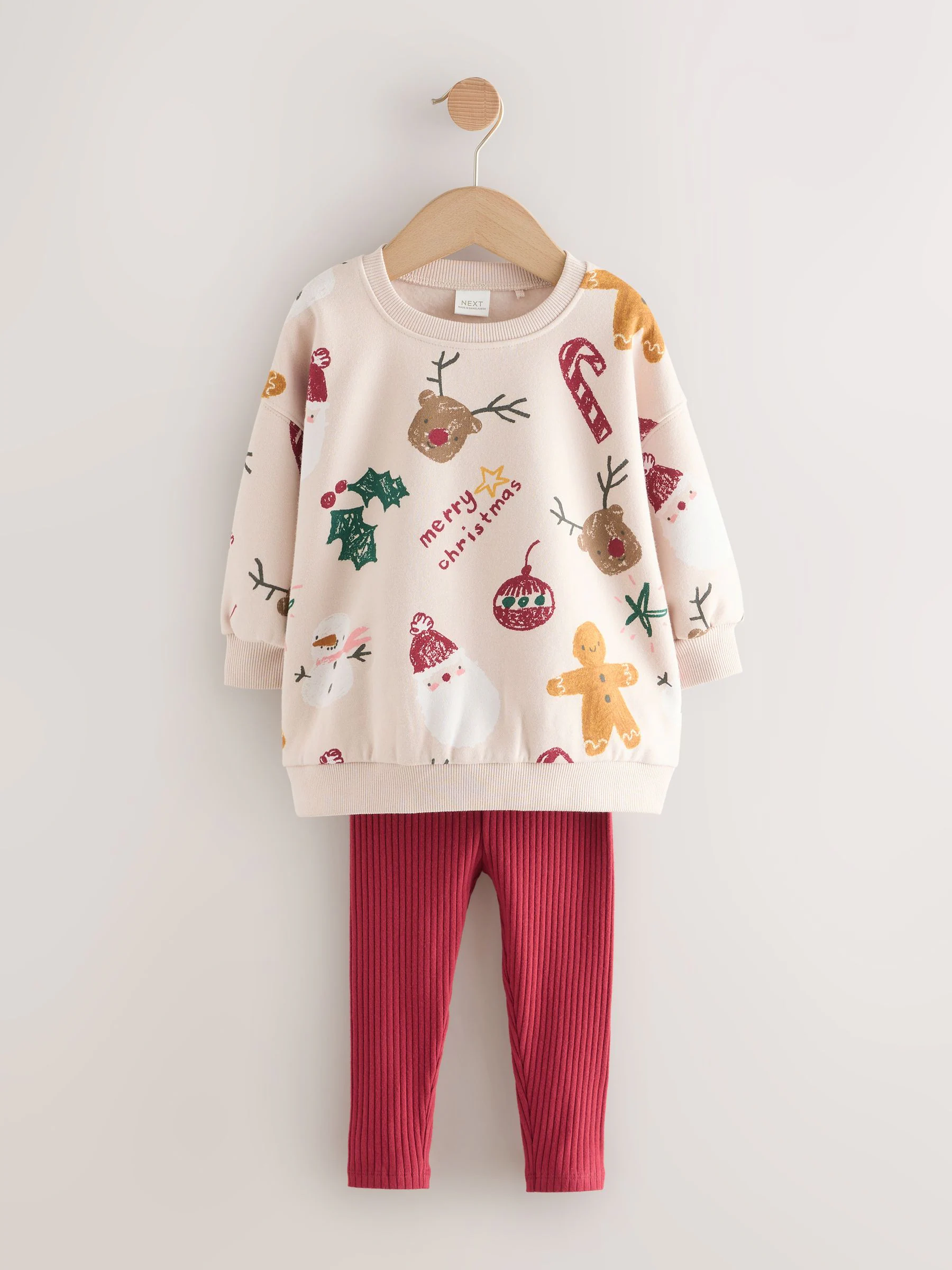 Beige/rode kerstprint - Set met sweatshirt en legging (3 mnd-7 jr)