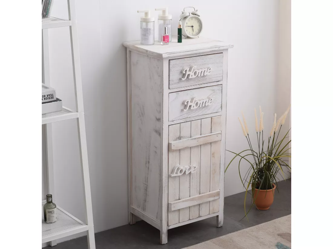 Meuble D'appoint Chevet 1 Port 2 Tiroirs Blanc Shabby 84x37x30