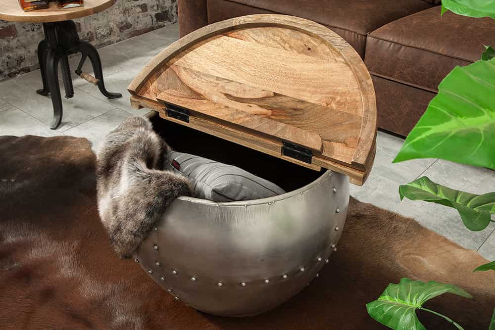 Runder Couchtisch DRUMP STORAGE 70cm natur silber Mangoholz mit Stauraum handmade Industrial