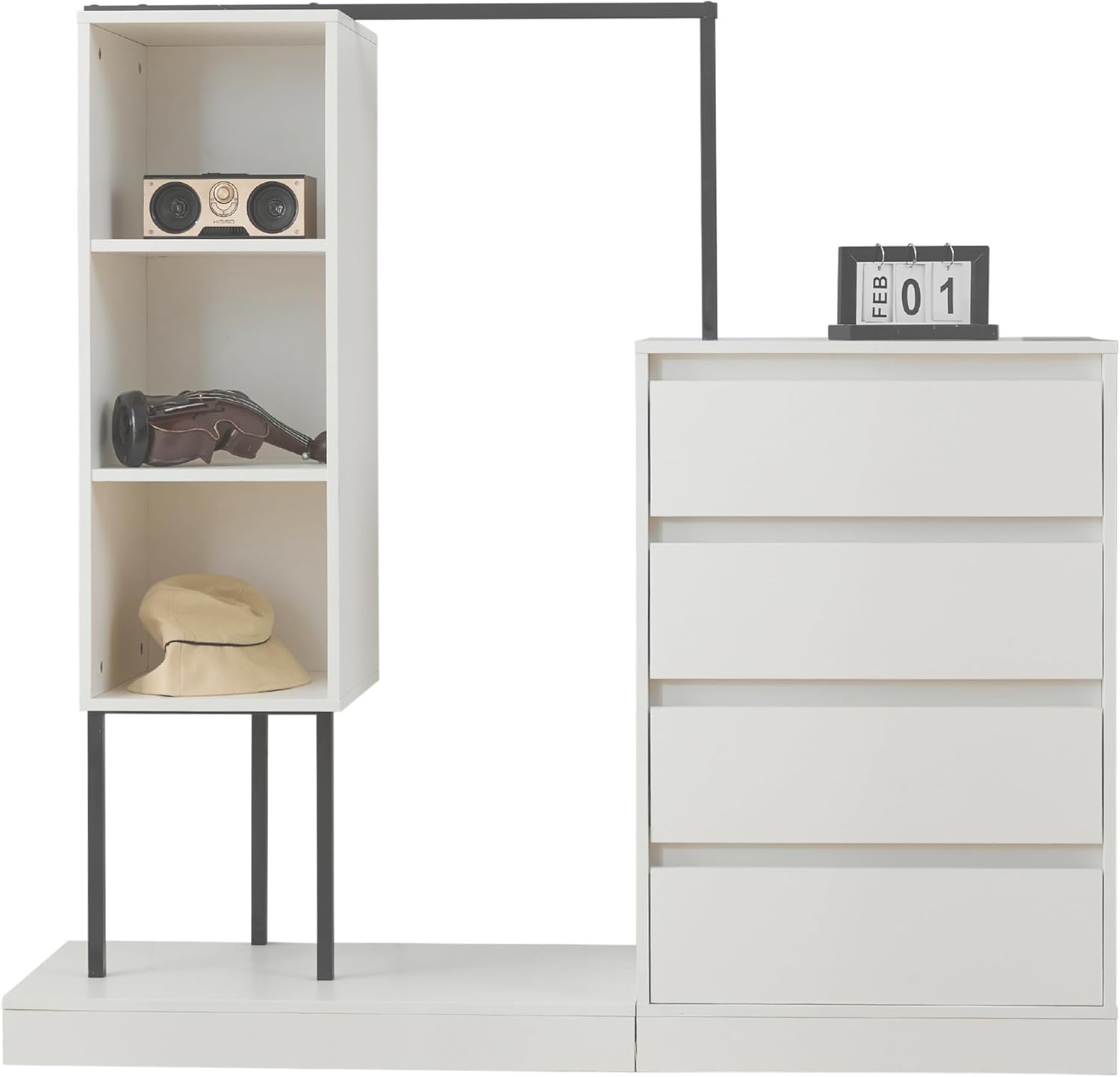 Kleiderschrank mit 4 Schubladen und Kleiderstange Sideboard Aufbewahrungsschrank weiß 140x40x135 cm für Flur Schlafzimmer