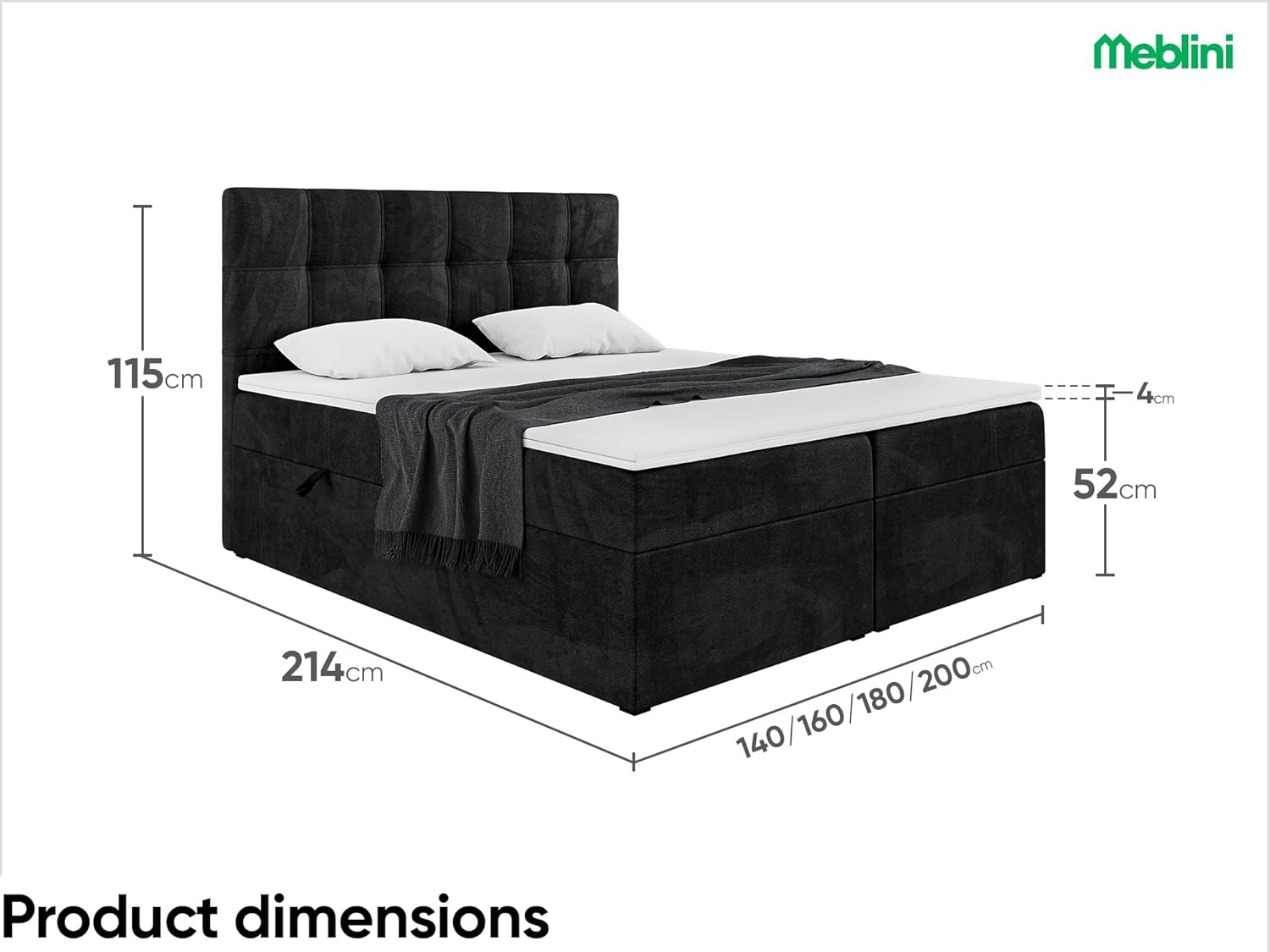MEBLINI Boxspringbett mit Bettkasten - Gepolstert Doppelbett mit Matratze und Topper - Polsterbett mit Stauraum - Bett mit Kopfteil - Kai - 140x200 - H3/Schwarz Samt
