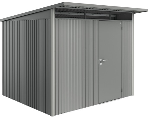Biohort AvantGarde tuinhuis met enkele deur, formaat A6, inclusief plank en gereedschapshouder, 260 x 260 cm, kwartsgrijs metallic