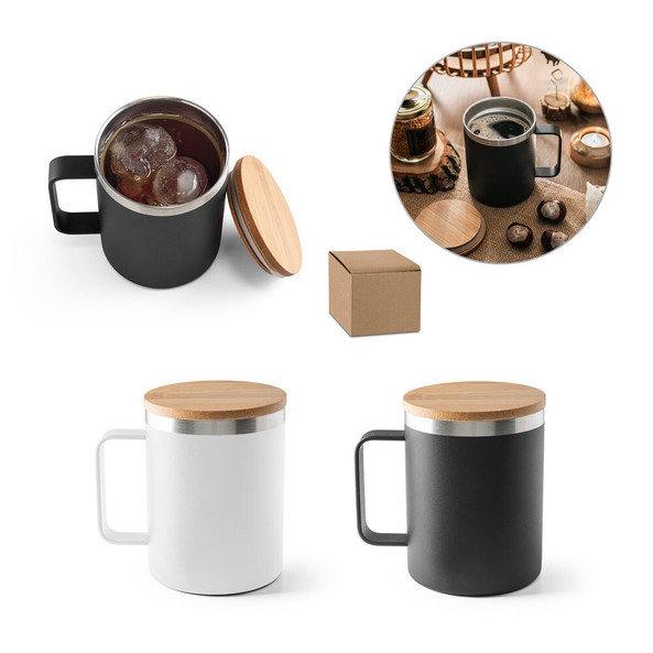 hi!dea 94276 - Mug en acier inoxydable recyclé à 90% avec couvercle en bambou 420 mL