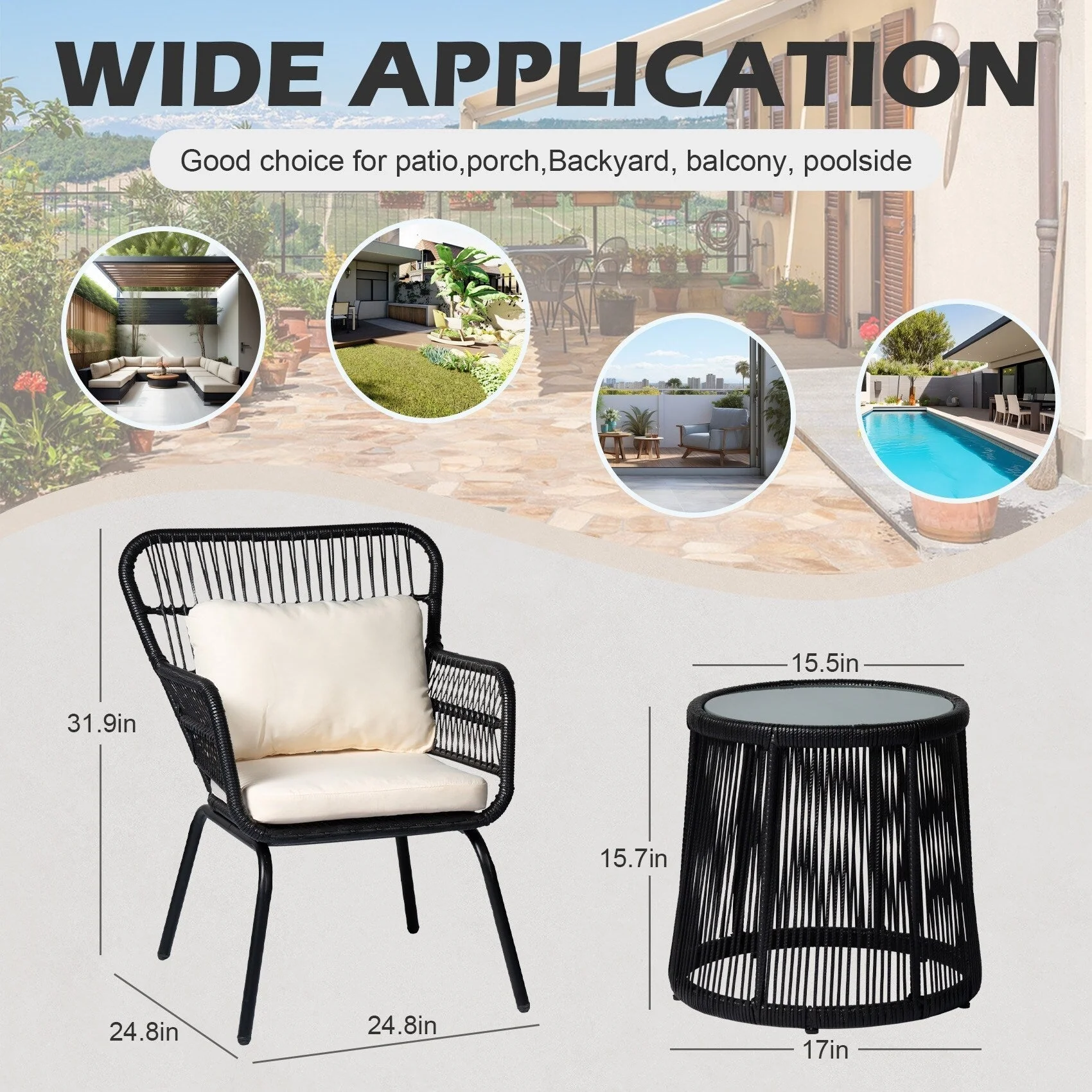 3 Piece Outdoor Wicker Conversation Bistro Set, All-Weather Rattan Furniture Patio Chairs Set with Cushions