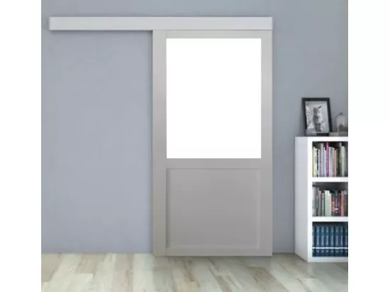 Porte Coulissante Atelier Blanc H204 X L83 Sans Meneau + Rail Alu Bandeau Blanc Gd Menuiseries