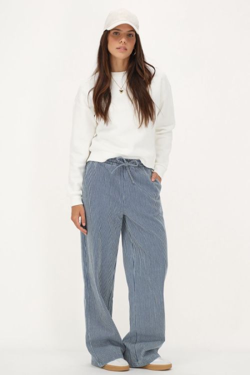Blauw-wit gestreepte wide leg broek met elastieken band