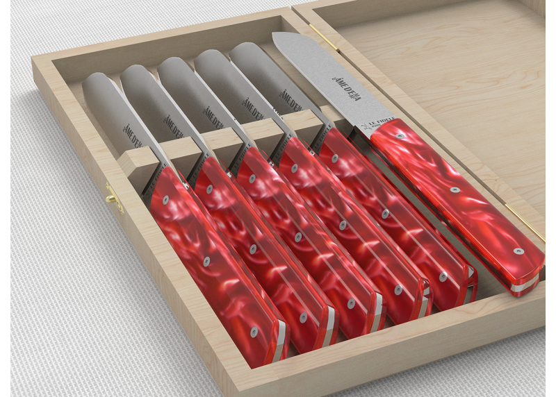 Service de 6 couteaux de table avec un manche en Madreperlato Rouge et lame en acier inoxidable