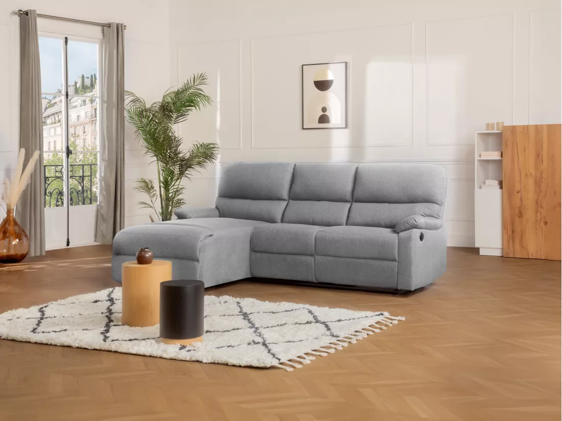 Canapé d'angle gauche relax électrique en tissu gris clair LUNANO