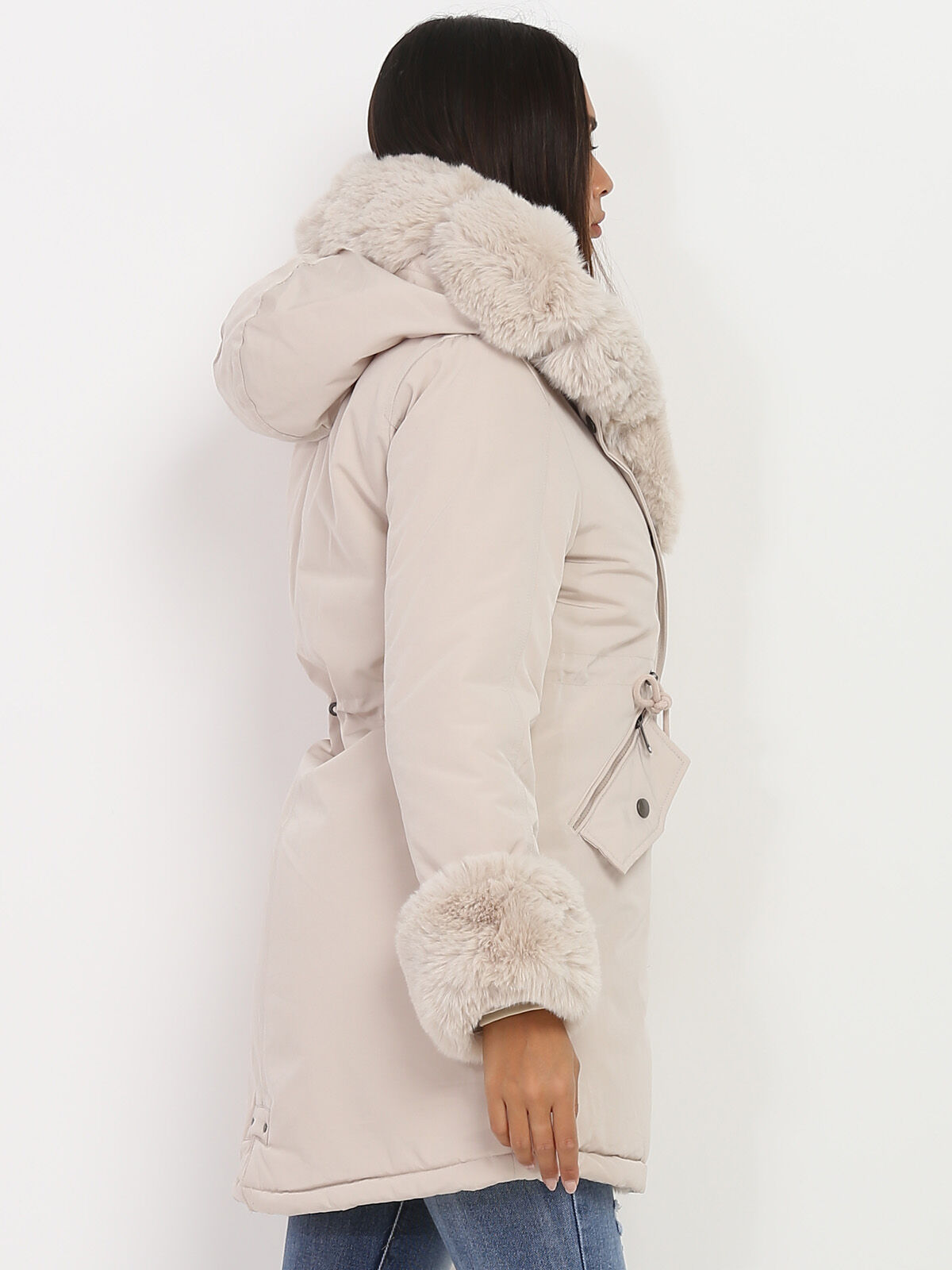 Manteau fourré à capuche- Beige