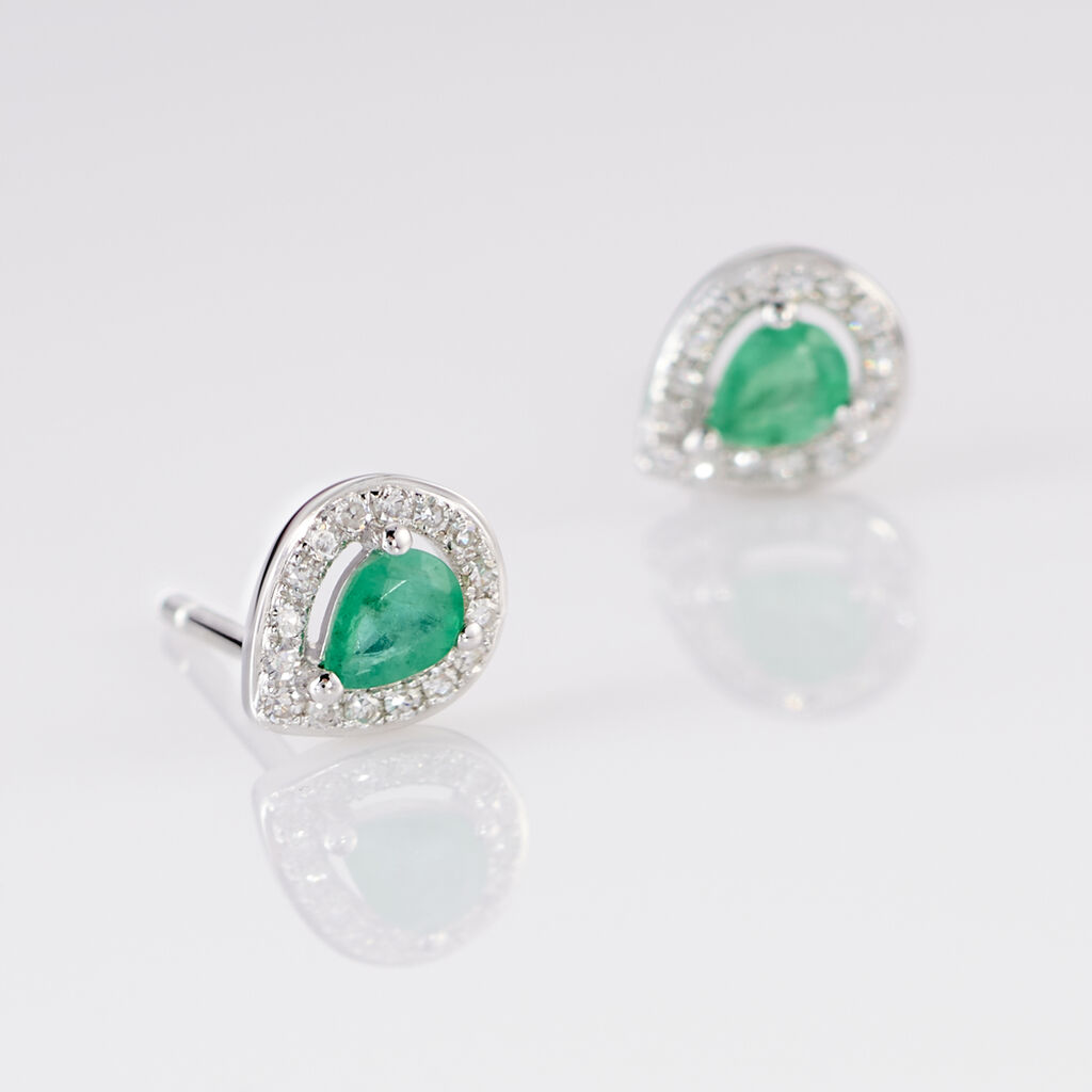 Boucles D'oreilles Puces Elheme Or Blanc Emeraude Et Diamant