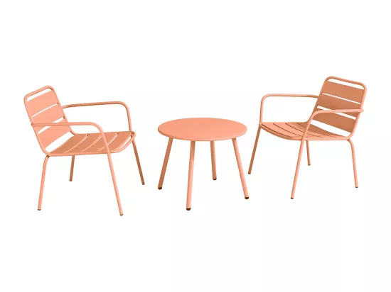 Salon de jardin en métal - 2 fauteuils bas empilables et une table d'appoint ronde - Orange clair - MIRMANDE de MYLIA