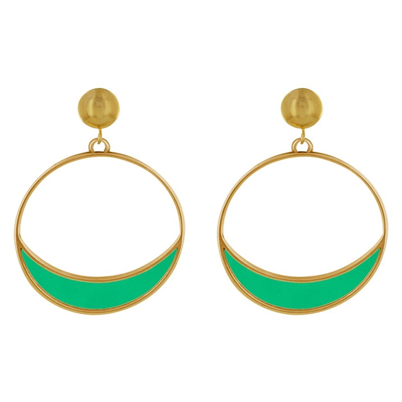 Boucles d'Oreilles Clous Métal Doré Cercle et Croissant de Lune Translucide Coloré