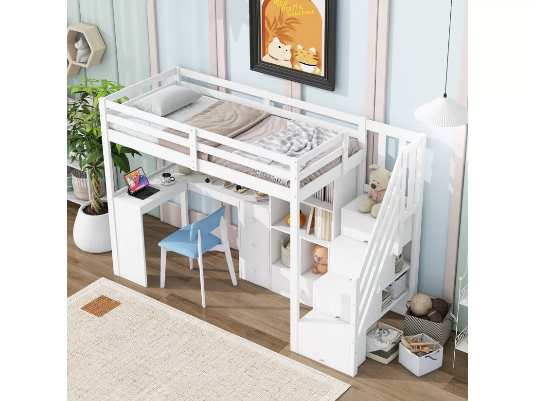 Lit mezzanine 90 x 200 cm avec Bureau, Tiroirs et Placard - Pin + MDF - Blanc (sans matelas)