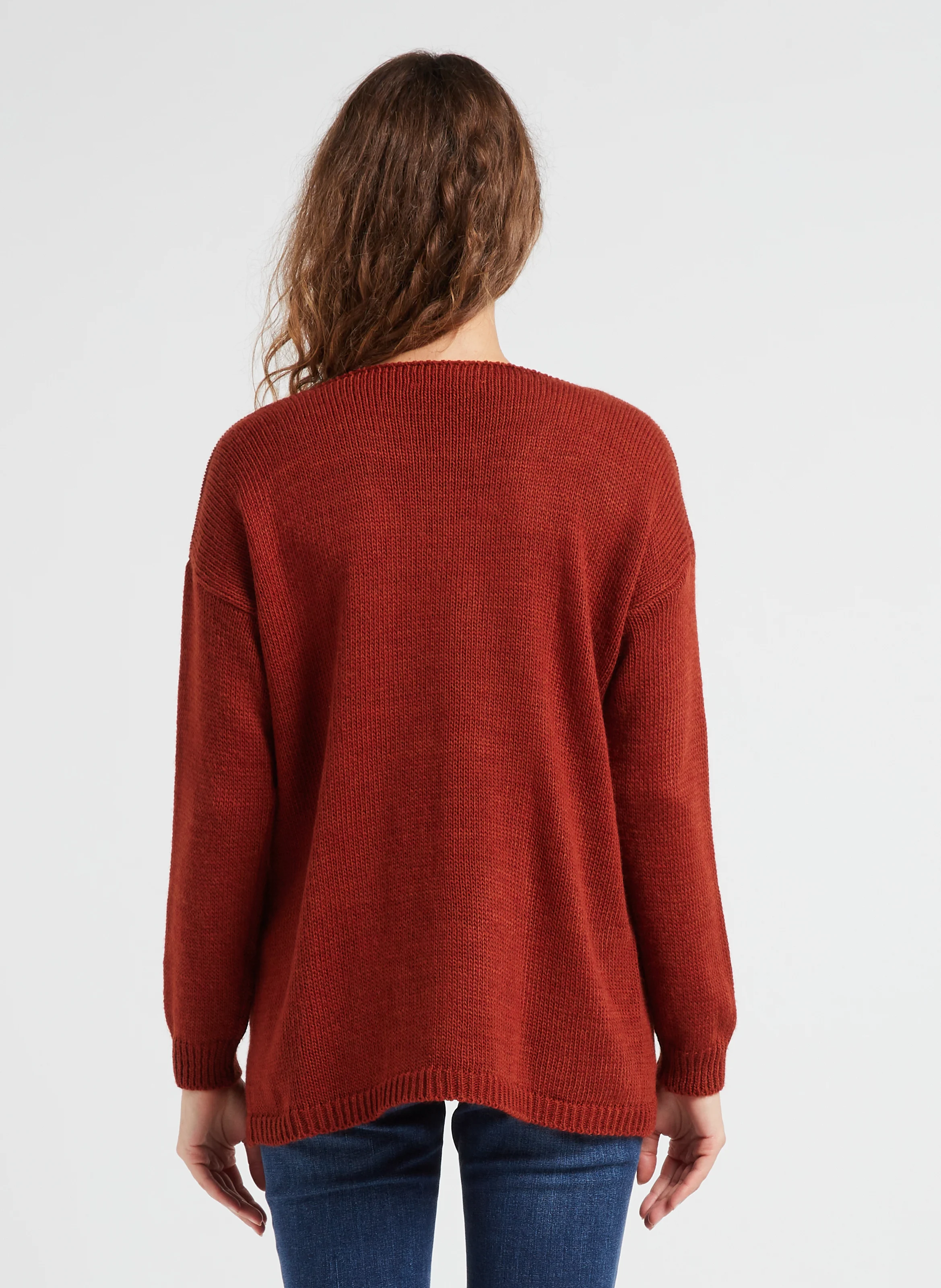 Pull col V en maille mélangée| Orange