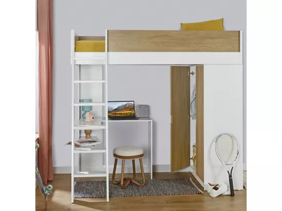 Lit mezzanine combiné 90x190 cm panneaux de fibres blanc et bois MEMPHIS
