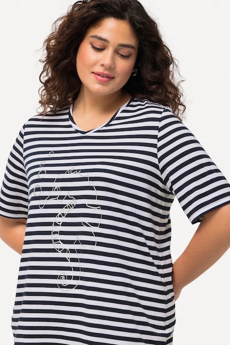 Shirt, Ringel, Metallic-Tier, V-Ausschnitt, Halbarm