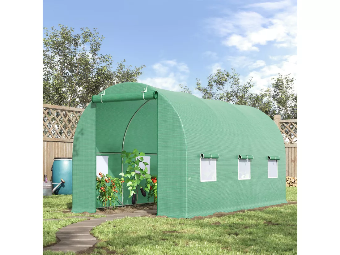 Serre de jardin tunnel 4,5L x 2l x 2H m châssis tubulaire acier galvanisé renforcé 1,8 cm 6 fenêtres 1 porte vert