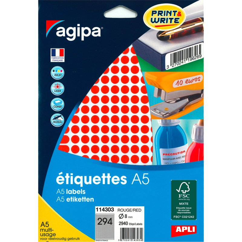 Pastille adhésive Ø 8 mm Agipa 11430 couleur- Boîte de 2940