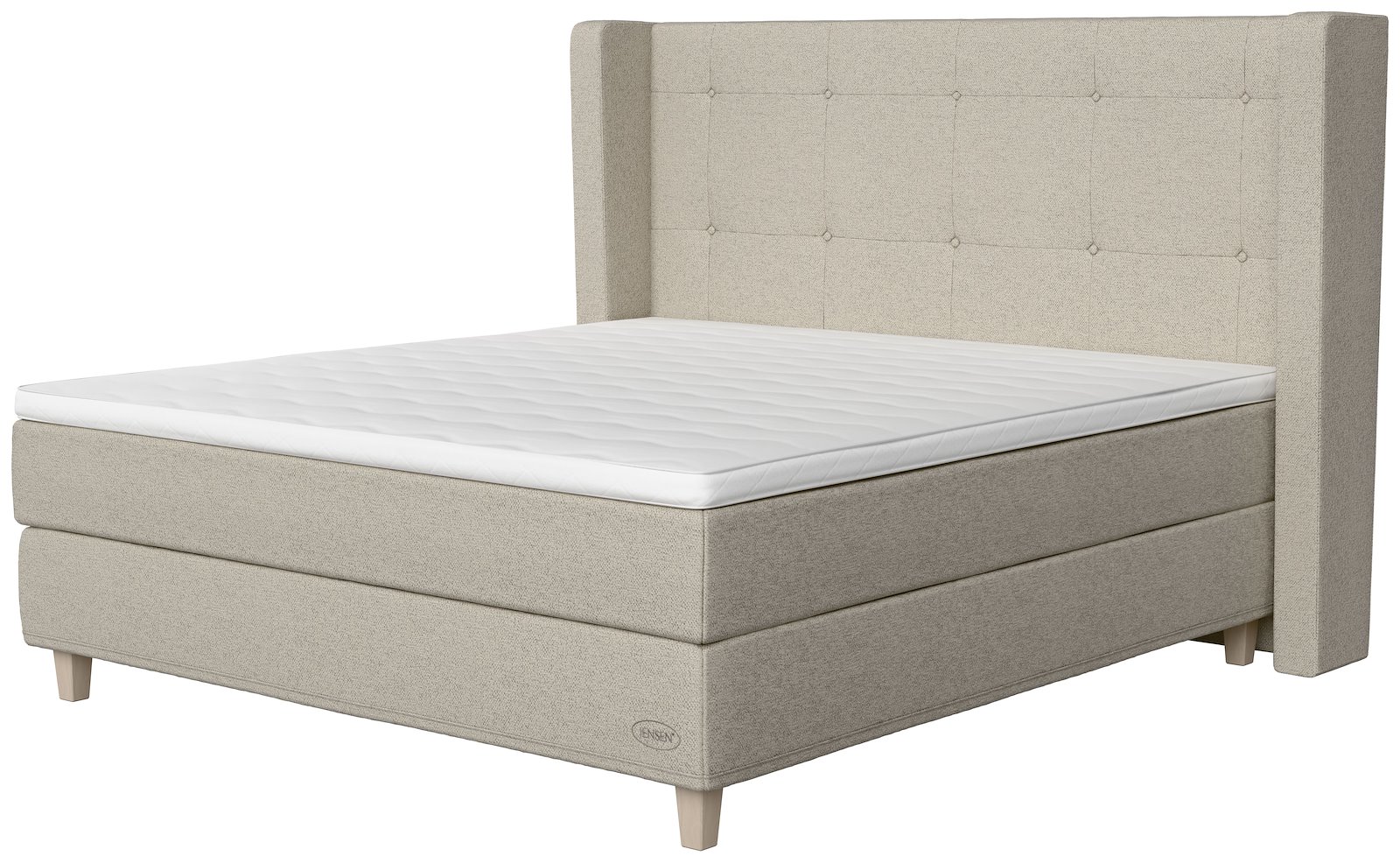 Majestic Exact jubileum kontinentalseng 180x200 cm Tekstil 385 Cloudy, medium/fast, Exact, seamless, Optima overmadrass og Kantet Konet 14 cm hvitvasket ben + støtteben, gavl selges separate.