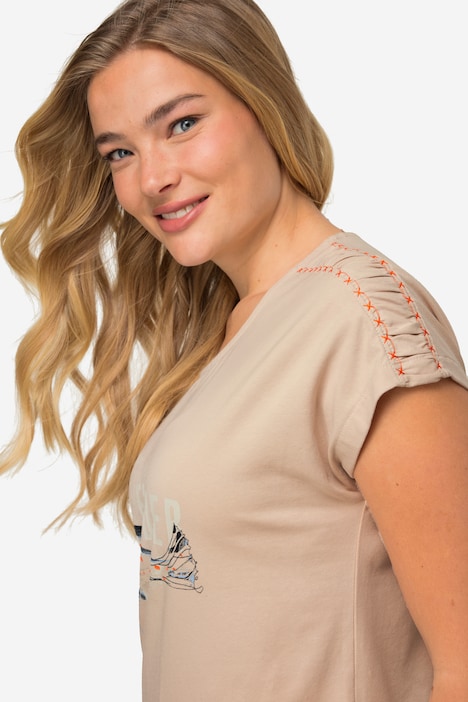 T-Shirt, Fisch-Print, Rundhals, Schulter-Zierband, OEKO-TEX