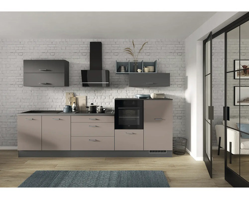 IMPULS keukenblok met apparatuur PESCE 320 cm cappuccino grafiet mat voorgemonteerde variant rechts IP120-IKZ1320LD-K830-F112-A669-G702