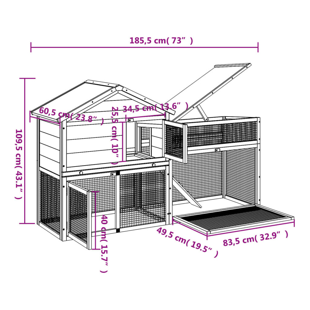 Clapier gris 185,5x60,5x109,5 cm bois de pin massif