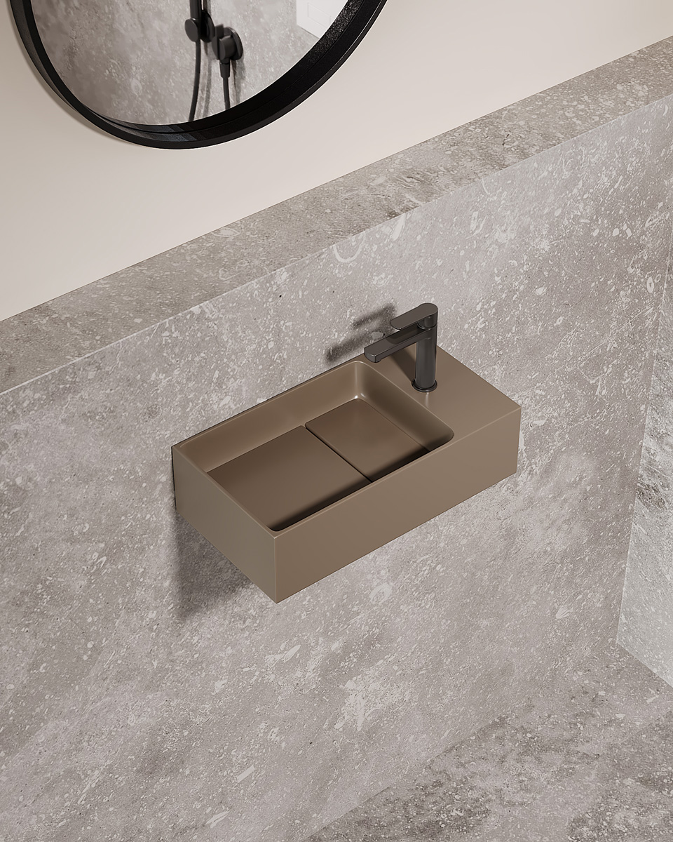 Saniclear Itsie fontein mat taupe met kraangat rechts 39x22x10cm
