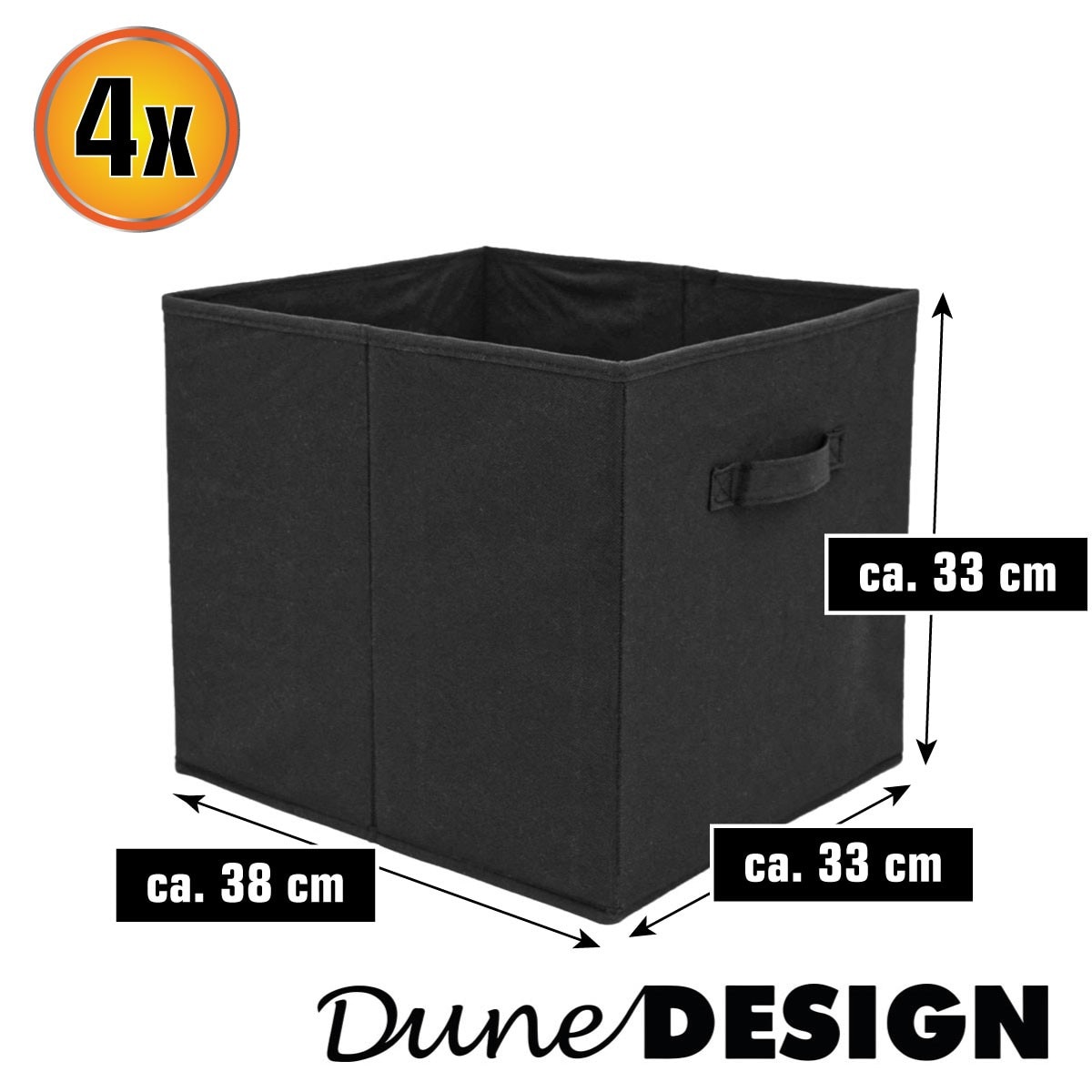 4er Set Aufbewahrungsbox für Kallax Regal - 33x38x33 Stoff Box mit Griff - Schwarz