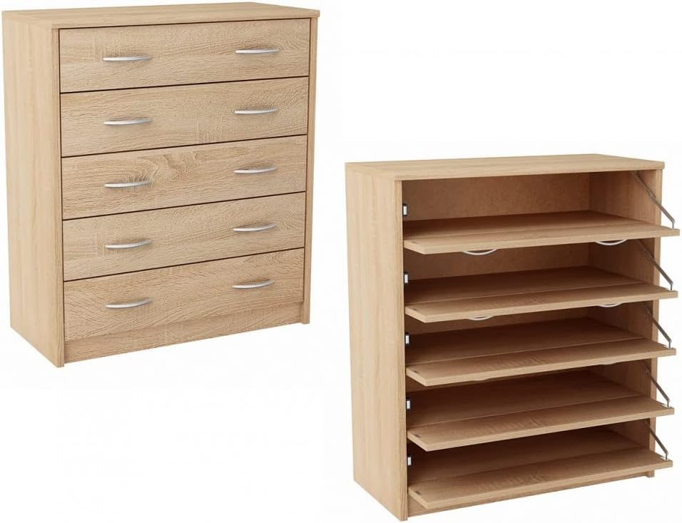 MATKAM Schuhschrank 5S in moderner Optik, B 74 x H 85 x T 35 cm, laminierte Möbelplatte 16 mm, mit Rückwand, 5 ausklappbare Schuhablagen, Jede mit Zwei Griffen zum Aufmachen (Sonoma Eiche)