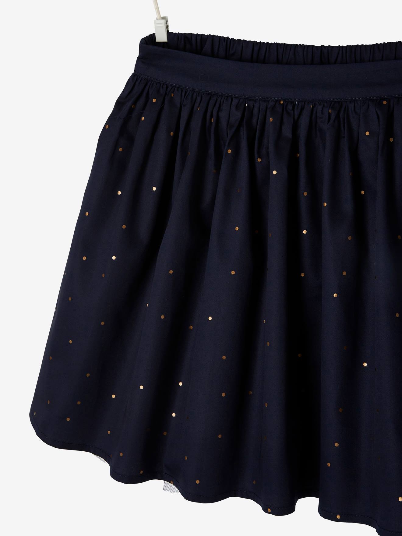 Saia reversível para festa infantil com glitter e bolinhas iridescentes, estampa azul-escura.